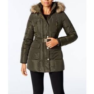 Michael Kors Green Faux Fur Belted Puffer Coat